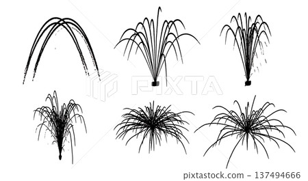 Black Solid Firework Fountain Silhouettes Set of Six on White Background Black Solid Firework Fountain Silhouettes Set of Six on White Background 137494666