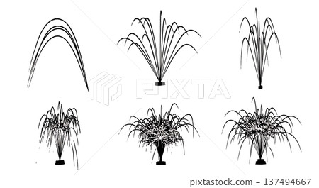 Black Solid Firework Fountain Silhouettes Set of Six on White Background Black Solid Firework Fountain Silhouettes Set of Six on White Background 137494667