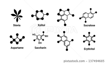 Black Solid Flavor Molecular Silhouettes Set of Six on White Background 137494685