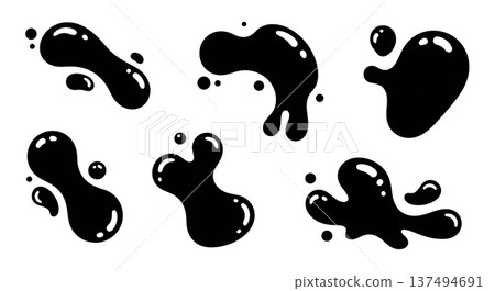 Black Solid Floating Liquid Silhouettes Set of Six on White Background Black Solid Floating Liquid Silhouettes Set of Six on White Background 137494691