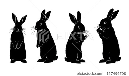 Black Solid Floppy Ear Bunny Silhouettes Set of Six on White Background 137494708