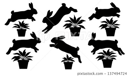 Black Solid Flower Pot Jump Bunny Silhouettes Set of Six on White Background Black Solid Flower Pot Jump Bunny Silhouettes Set of Six on White Background 137494724