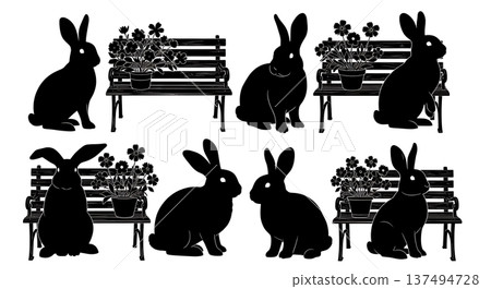 Black Solid Flowers Bench Bunny Silhouettes Set of Six on White Background Black Solid Flowers Bench Bunny Silhouettes Set of Six on White Background 137494728