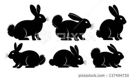 Black Solid Fluffy Tail Rabbit Silhouettes Set of Six on White Background 137494730