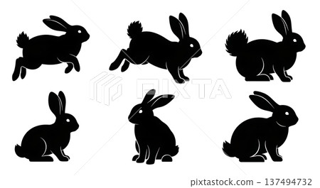 Black Solid Fluffy Tail Rabbit Silhouettes Set of Six on White Background 137494732