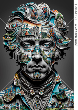 Literary art is an image of a poet or writer. A surreal digital artwork depicts a man with a face composed of intricate, colorful scenes.  137494851
