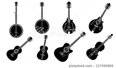 Black Solid Folk String Instrument Silhouettes Set of Six on White Background Black Solid Folk String Instrument Silhouettes Set of Six on White Background 137494869
