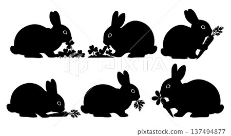 Black Solid Foraging Bunny Silhouettes Set of Six on White Background Black Solid Foraging Bunny Silhouettes Set of Six on White Background 137494877