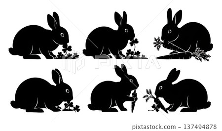 Black Solid Foraging Bunny Silhouettes Set of Six on White Background Black Solid Foraging Bunny Silhouettes Set of Six on White Background 137494878