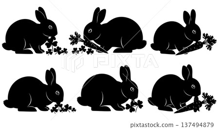Black Solid Foraging Bunny Silhouettes Set of Six on White Background Black Solid Foraging Bunny Silhouettes Set of Six on White Background 137494879