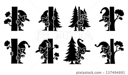 Black Solid Hiding Forest Troll Silhouettes Set of Six on White Background 137494891