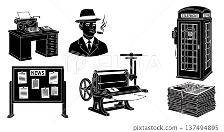 Black Solid 1940s Newsroom Silhouettes Set of Six on White Background Black Solid 1940s Newsroom Silhouettes Set of Six on White Background 137494895