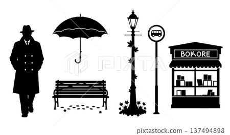 Black Solid 1940s Urban Autumn Silhouettes Set of Six on White Background Black Solid 1940s Urban Autumn Silhouettes Set of Six on White Background 137494898