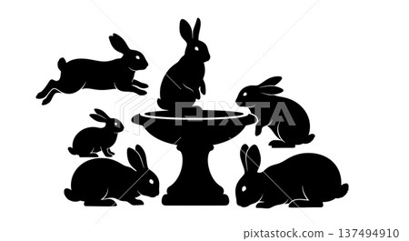 Black Solid Fountain Bunny Silhouettes Set of Six on White Background 137494910