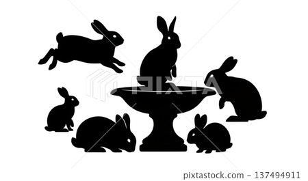 Black Solid Fountain Bunny Silhouettes Set of Six on White Background 137494911