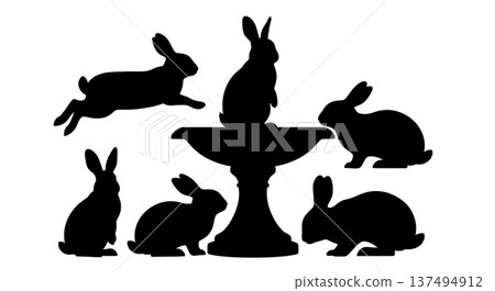 Black Solid Fountain Bunny Silhouettes Set of Six on White Background 137494912