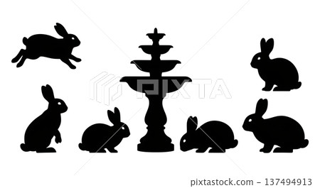 Black Solid Fountain Bunny Silhouettes Set of Six on White Background 137494913