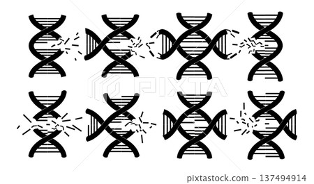 Black Solid Fragmented DNA Mutation Silhouettes Set of Six on White Background 137494914