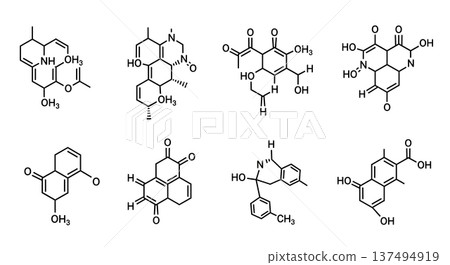 Black Solid Fragrant Terpene Molecular Silhouettes Set of Six on White Background Black Solid Fragrant Terpene Molecular Silhouettes Set of Six on White Background 137494919