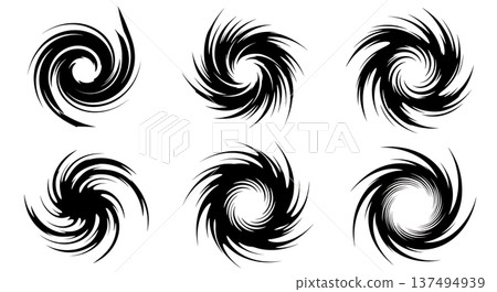 Black Solid Galaxy Spiral Silhouettes Set of Six on White Background 137494939