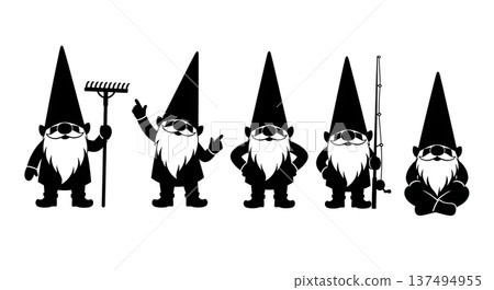 Black Solid Garden Gnome Silhouettes Set of Six on White Background Black Solid Garden Gnome Silhouettes Set of Six on White Background 137494955