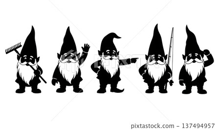 Black Solid Garden Gnome Silhouettes Set of Six on White Background 137494957