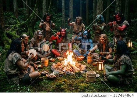 一群紅色和藍色的惡魔圍著篝火開派對。 137494964