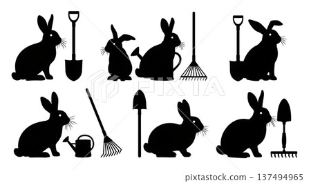 Black Solid Garden Helper Bunny Silhouettes Set of Six on White Background 137494965