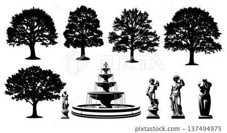 Black Solid Garden Oak Tree Silhouettes Set of Six Black Solid Garden Oak Tree Silhouettes Set of Six 137494975