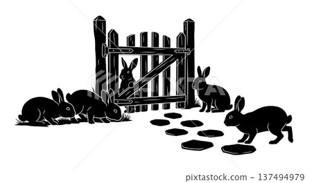 Black Solid Garden Gate Bunny Silhouettes Set of Six on White Background Black Solid Garden Gate Bunny Silhouettes Set of Six on White Background 137494979