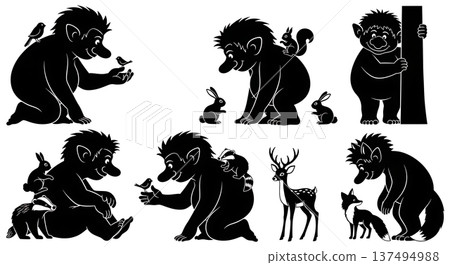 Black Solid Gentle Troll with Animals Silhouettes Set of Six on White Background Black Solid Gentle Troll with Animals Silhouettes Set of Six on White Background 137494988