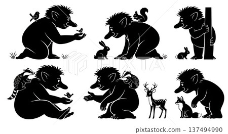 Black Solid Gentle Troll with Animals Silhouettes Set of Six on White Background 137494990