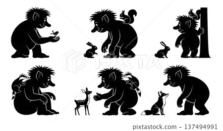Black Solid Gentle Troll with Animals Silhouettes Set of Six on White Background Black Solid Gentle Troll with Animals Silhouettes Set of Six on White Background 137494991