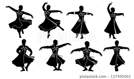 Black Solid Georgian Kartuli Dance Silhouettes Set of Six on White Background 137495001