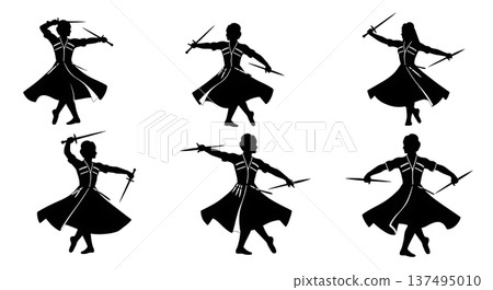 Black Solid Georgian Mountain Dance Silhouettes Set of Six on White Background 137495010