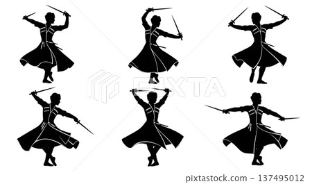 Black Solid Georgian Mountain Dance Silhouettes Set of Six on White Background Black Solid Georgian Mountain Dance Silhouettes Set of Six on White Background 137495012