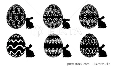 Black Solid Giant Egg and Bunny Silhouettes Set of Six on White Background Black Solid Giant Egg and Bunny Silhouettes Set of Six on White Background 137495016