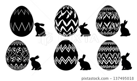 Black Solid Giant Egg and Bunny Silhouettes Set of Six on White Background Black Solid Giant Egg and Bunny Silhouettes Set of Six on White Background 137495018