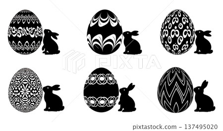 Black Solid Giant Egg and Bunny Silhouettes Set of Six on White Background Black Solid Giant Egg and Bunny Silhouettes Set of Six on White Background 137495020