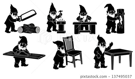 Black Solid Artisan Woodworking Gnome Silhouettes Set of Six on White Background Black Solid Artisan Woodworking Gnome Silhouettes Set of Six on White Background 137495037