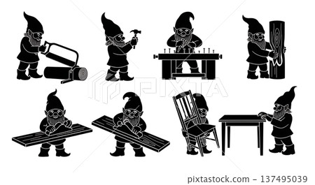 Black Solid Artisan Woodworking Gnome Silhouettes Set of Six on White Background Black Solid Artisan Woodworking Gnome Silhouettes Set of Six on White Background 137495039