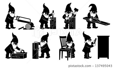 Black Solid Artisan Woodworking Gnome Silhouettes Set of Six on White Background Black Solid Artisan Woodworking Gnome Silhouettes Set of Six on White Background 137495043