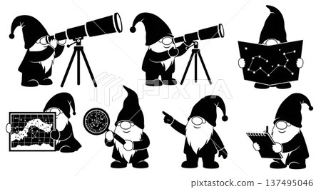 Black Solid Astronomer Gnome Silhouettes Set of Six on White Background 137495046