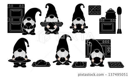 Black Solid Bakery Gnome Silhouettes Set of Six on White Background Black Solid Bakery Gnome Silhouettes Set of Six on White Background 137495051