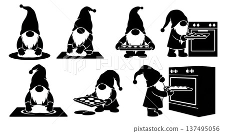 Black Solid Bakery Gnome Silhouettes Set of Six on White Background Black Solid Bakery Gnome Silhouettes Set of Six on White Background 137495056