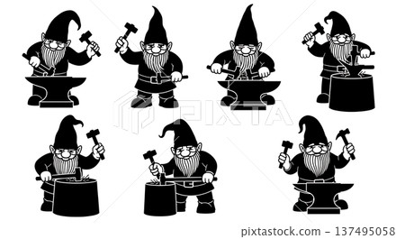 Black Solid Blacksmith Gnome Silhouettes Set of Six on White Background 137495058