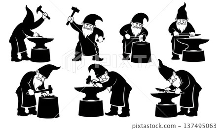 Black Solid Blacksmith Gnome Silhouettes Set of Six on White Background 137495063