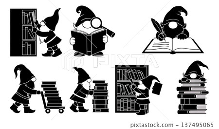 Black Solid Book Archivist Gnome Silhouettes Set of Six on White Background 137495065
