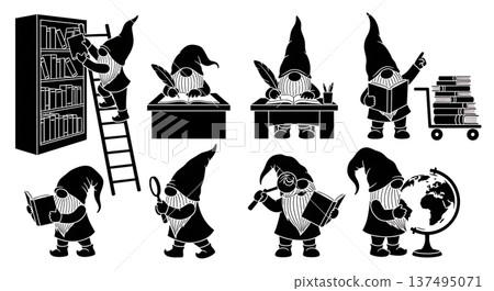 Black Solid Book Archivist Gnome Silhouettes Set of Six on White Background 137495071