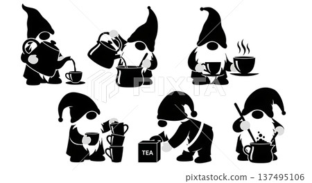 Black Solid Brewing Gnome Silhouettes Set of Six on White Background Black Solid Brewing Gnome Silhouettes Set of Six on White Background 137495106